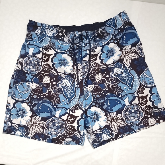 Nautica Hawaiian Light & Dark Blue Floral Board Shorts Swim Trunks Sz XL - Picture 1 of 4